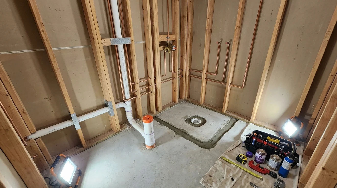Bathroom rough-in plumbing during remodel by Johns Plumbing LLC in Turtle Creek
