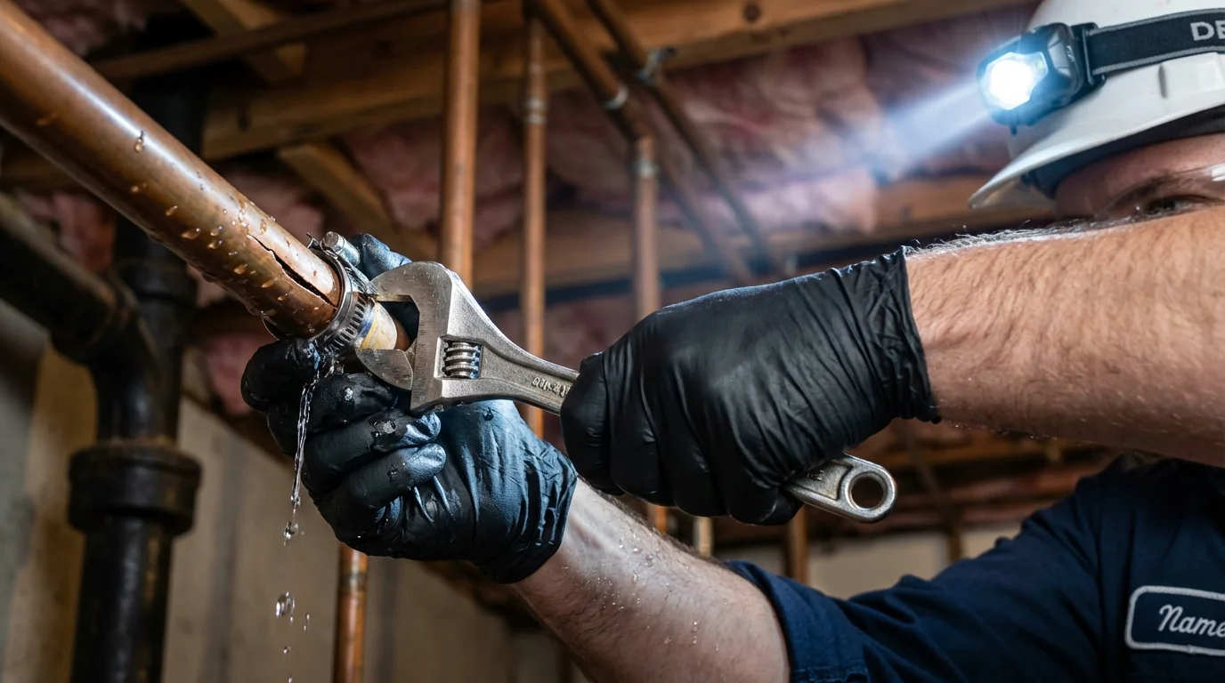 Emergency pipe clamp repair being performed by a Johns Plumbing LLC plumber in Turtle Creek