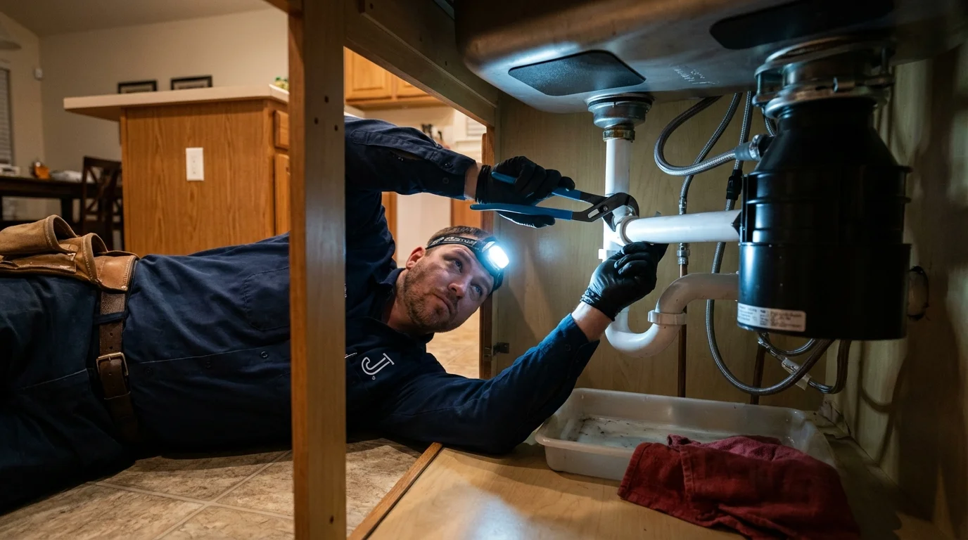 P-trap and supply line connections under a kitchen sink showing a common leak point in Turtle Creek, PA